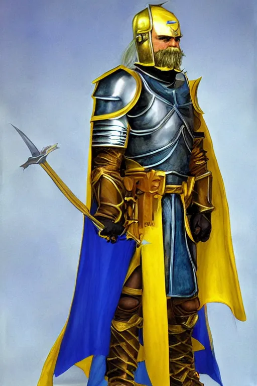 Prompt: a knight with blue tabard and a yellow cape and steel pauldrons and short blonde hair and a short blonde beard, realistic, detailed, trending on ArtStation, by Larry Elmore