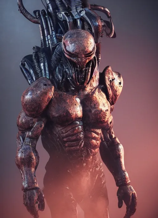 Image similar to a photorealistic dramatic hyperrealistic render of predator the alien hunter, ultra realistic details, well worn, rust, oil stains designed by vitaly bulgarov and mike nash, beautiful dramatic dark moody tones and lighting, cinematic atmosphere, studio lighting, global illumination, shadows, dark background, octane render, 8 k