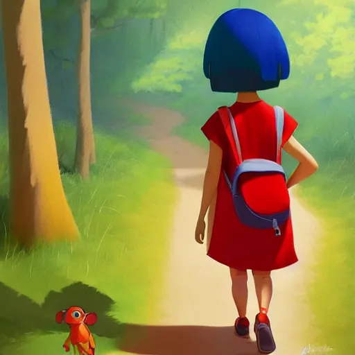 Image similar to goro fujita ilustration dora the explorer in a red dress and backpack, short hair, walking through the woods picking mushrooms, painting by goro fujita, sharp focus, highly detailed, artstation