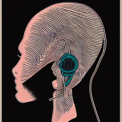 Image similar to stipple shaded illustration of a bird peering into a human ear, by ilya kuvshinov, anatomy book, retro flat colors, retrofuturism