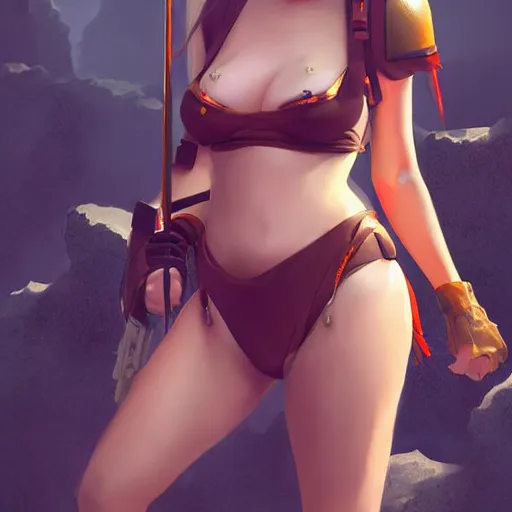 Prompt: kodak portra. by wlop, ilya kuvshinov, krenz cushart, greg rutkowski, trending on pixiv. zbrush sculpt, octane, maya, houdini, vfx. cute amazon woman wearing bikini armor. digital painting. cinematic dramatic atmosphere, sharp focus, volumetric lighting.