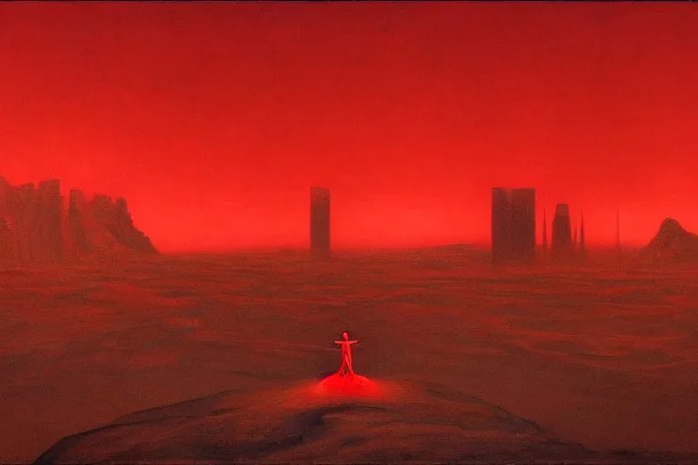 Image similar to only with red, a red god of death eat apple, a futuristic city on mars in background, an ancient path, pathos, in the style of beksinski, part by hopper, part by rodcenko, part by hofbauer, intricate composition, red by caravaggio, insanely quality, highly detailed, masterpiece, red light, artstation, 8 k