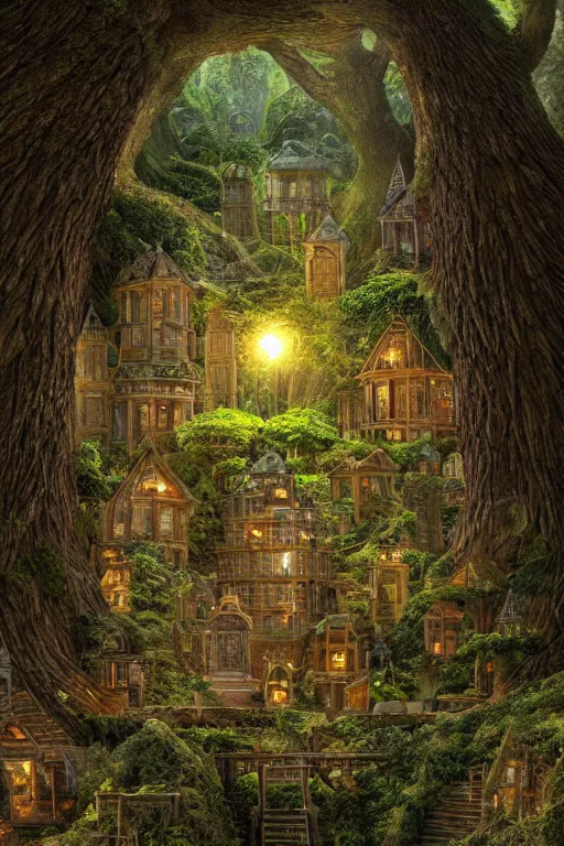 Prompt: a miniature city built into the trunk of a single colossal tree in the forest, with tiny people, in the style of ted nasmith, lit windows, close - up, low angle, wide angle, awe - inspiring, highly detailed digital art