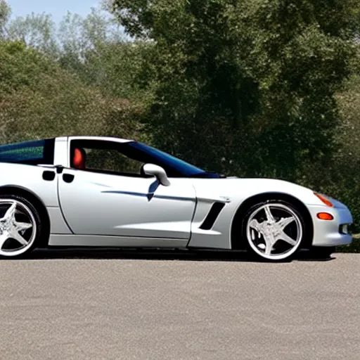 Prompt: a 2 0 0 5 c 6 corvette chrome finish with wagon wheels