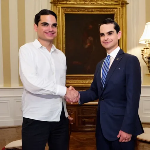 Prompt: high quality photograph of ben shapiro shaking hands with joe biden