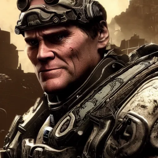 Image similar to Jim Carrey in Gears of War, high quality