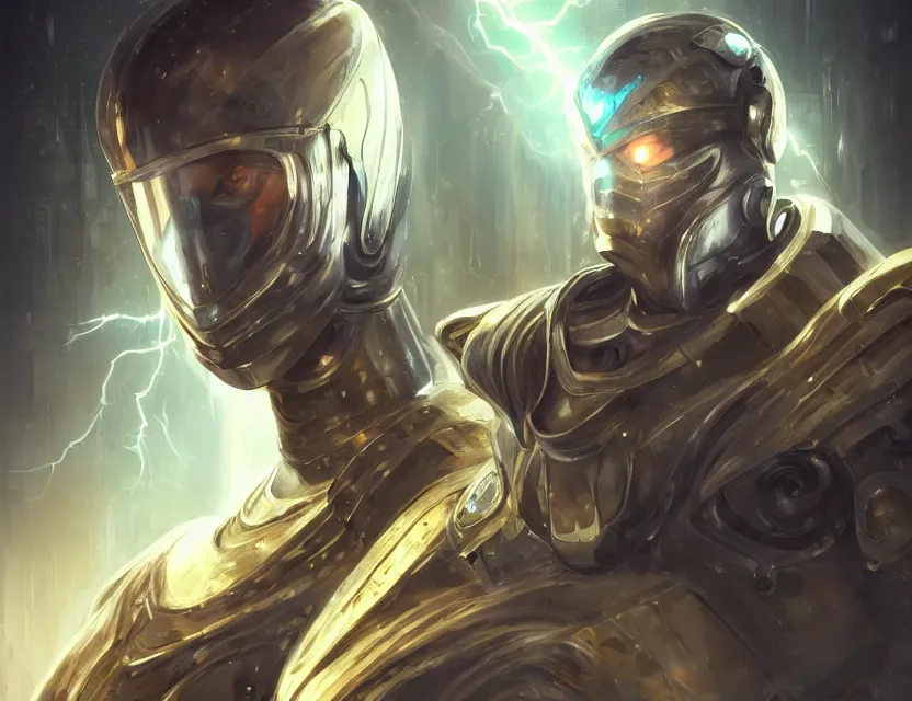 Image similar to portrait of handsome guy in cyber armor, dreamy and ethereal, expressive pose, gold eyes, exciting expression, fantasy, intricate, elegant, many lightning, cold color, highly detailed, digital painting, artstation, concept art, cyberpunk wearing, smooth, sharp focus, led, artstation character reference sheet.