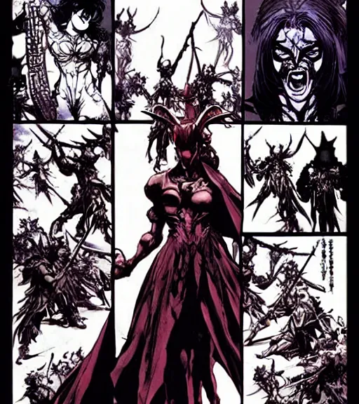 Prompt: a scene of a demon queen speaking to her cult - like legion of followers, comic book art, by yoji shinkawa and takehiko inoue and kim jung gi, masterpiece, perfect