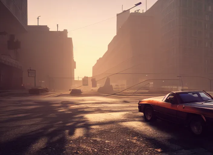 Image similar to gta in moscow, playstation 5 screenshot, symmerical, mega details, golden hour, fog, beautiful rtx reflections, brutalism buildings, photorealistic, unreal engine 5, octane render, volumetric light, cg society, 4 k, bokeh, lada car, artstation