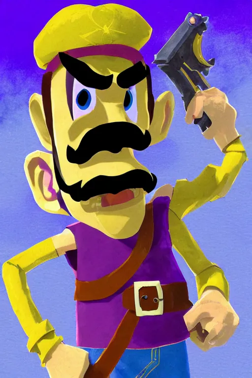 Image similar to an in game portrait of waluigi from the legend of zelda breath of the wild, breath of the wild art style.