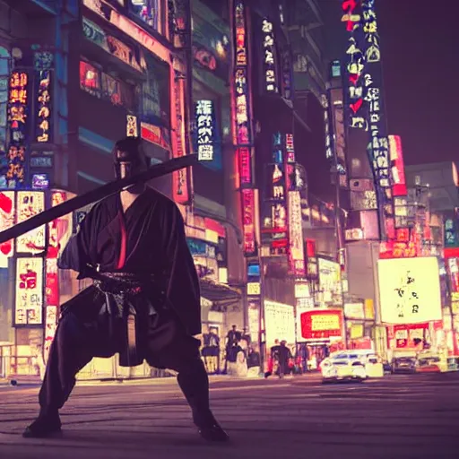 Image similar to a samurai wielding his katana in the middle of modern tokyo in cyberpunk style