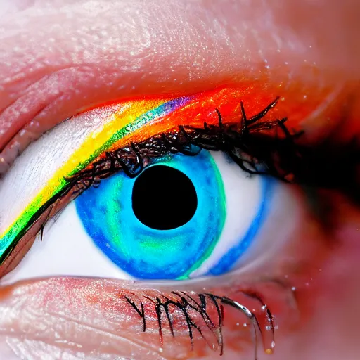 Image similar to (((((((( film still of a human eye with rainbow iris : realistic skin, realistic eye lashes : 8K UHD : colour splash !!!!!!