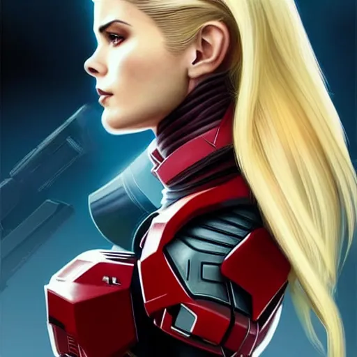 Image similar to A combination of Ashley Greene's and Ada Wong's and Grace Kelly's appearances with blonde hair wearing Forerunner armor from Halo, high tech, action shot, angular, full body portrait, futuristic, dramatic, fantasy, intricate, elegant, highly detailed, artstation, matte, sharp focus, 8K, art by Artgerm and Greg Rutkowski and Alphonse Mucha