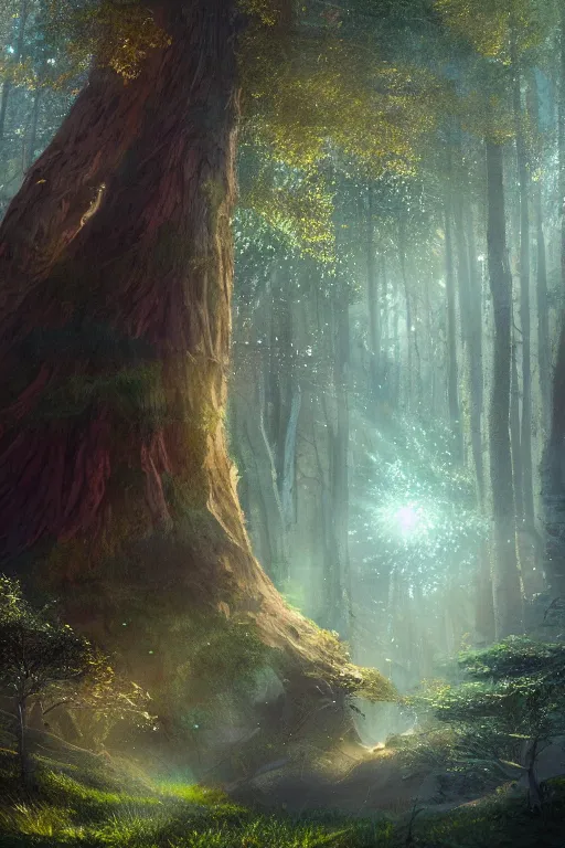 Prompt: a fairy huge sequoia, iridescent crystals on the ground, rays of light, atmospheric, matte-painting, trending on artstation