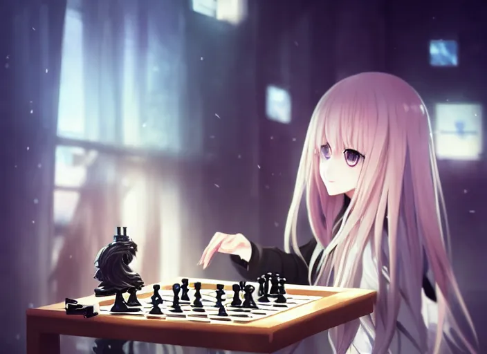 Image similar to a pale anime girl playing chess, league of legends, with golden eyes, straight sky blue hair, long bangs, black jacket, high collar, concept art, award winning photography, digital painting, cinematic, by wlop, anime key visual, wlop, 8 k, by ross tran, tom bagshaw, andy warhol