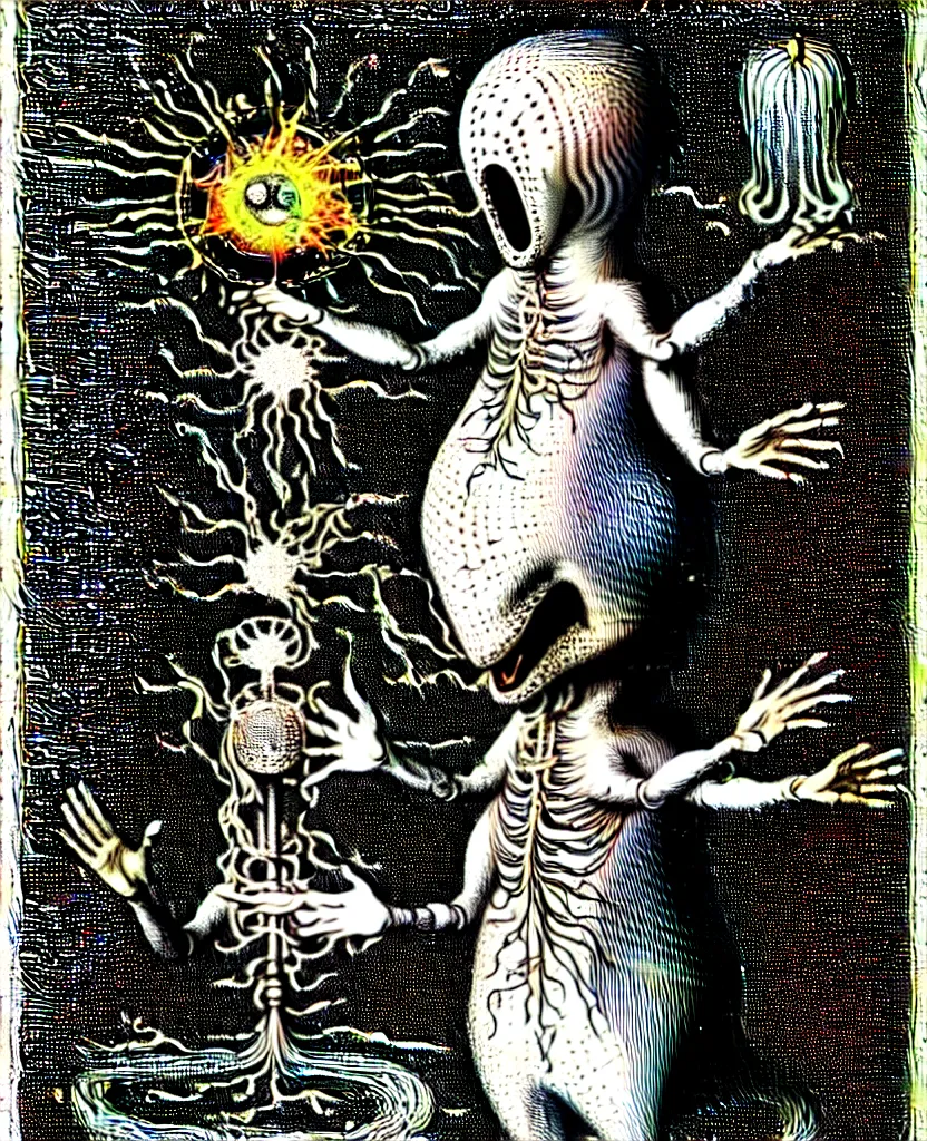 Image similar to whimsical freaky creature sings a unique canto about'as above so below'being ignited by the spirit of haeckel and robert fludd, breakthrough is iminent, glory be to the magic within