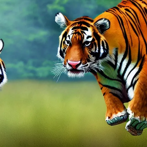 Image similar to A very detailed photorealistic image of a cow sneaking around a tiger unnoticed, to scare the tiger away by mooing into tiger's ear unexpectedly.