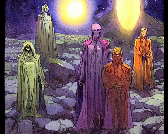 Image similar to a realistic and atmospheric watercolour fantasy character concept art portrait of a group of aliens wearing robes and emerging from the mist on the moors of ireland at night. a ufo is in the sky. by rebecca guay, michael kaluta, charles vess and jean moebius giraud