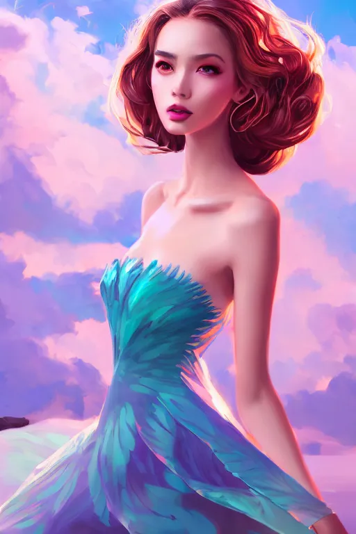 Image similar to a beautiful fashion goddness of love, chic strapless dress, tropical sea background, character design, in the style of artgerm, and wlop, cinematic lighting, hyperdetailed, 8 k realistic, symmetrical, global illumination, radiant light, frostbite 3 engine, cryengine, dof, trending on artstation, digital art