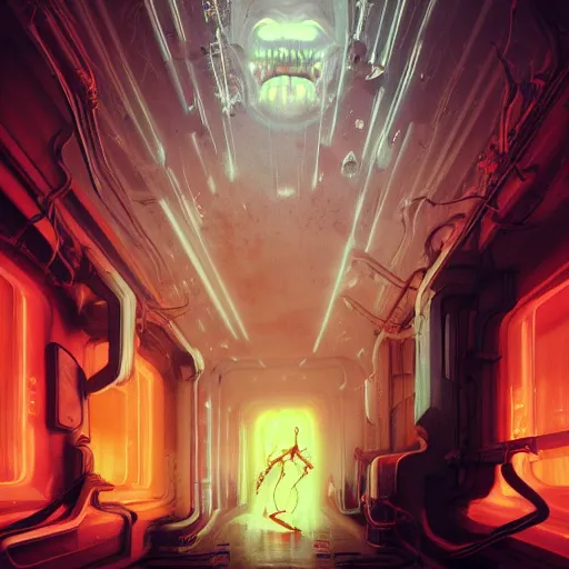 Image similar to humanoid yellow electric ghostly transparent lightning elemental wearing red and blue sci-fi goggles, haunted spaceship hallway, sci-fi artwork, horror, 8k, concept art, dramatic pose, art by artgerm and concept art by pete mohrbacher and seb mckinnon and beksinski and josan gonzales, close shot, trending on artstation, creepy atmosphere, highly detailed, intricate, digital art