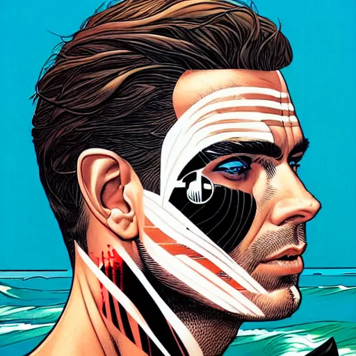 Prompt: a portrait of a man with side profile cleaned shave blood in ocean and sea intricate details by MARVEL comics and Sandra Chevrier