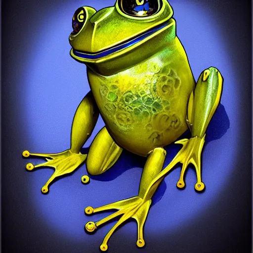 Image similar to anime mechanical blue steampunk frog with yellow eyes,, oil paint, cinematic light, renaissance, 8 k, high detail