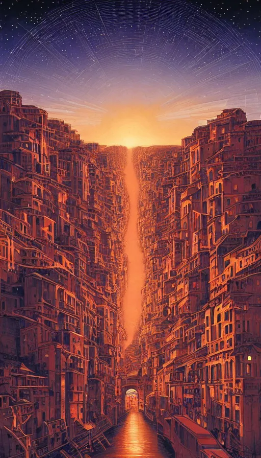 Image similar to The starlit city of wisdom and dreams at sunset, italian futurism, da vinci, Dan Mumford, Josan Gonzalez