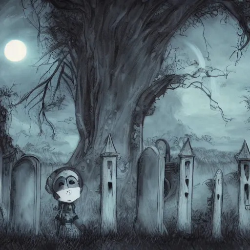 Image similar to anime hd, anime, 2 0 1 9 anime, tim burton children, western artstyle in anime, ghost children, children born as ghosts, dancing ghosts, london cemetery, albion, london architecture, buildings, gloomy lighting, moon in the sky, gravestones, creepy smiles