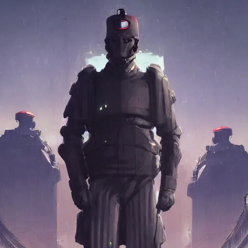 Image similar to pale, rubbery mutant with determined expression, sharp features, moist skin and wide black eyes wearing fascist Napoleonic Tang Dynasty police uniform standing on cyberpunk docks, science fiction concept art by Greg Rutkowski and Anato Finnstark