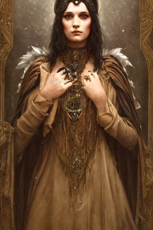 Prompt: a portrait of the Raven Queen, bored, illustration, dramatic lighting, soft details, painting oil on canvas, art nouveau, octane render, HDR, 4k, 8k, HD, by Edmund Blair Leighton, Brom, Charlie Bowater, trending on artstation, faces by Tom Bagshaw, Sargent