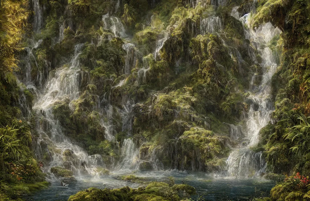 Image similar to a highly detailed textured waterfall within a swiss landscape, detailed, hyperreal phantastic, intricate details in environment, golden ratio, high aestehtic, cinematic light dramatic light, lightrays, distance, photobash, wideangle, terrence malick, hyperreal 4 k