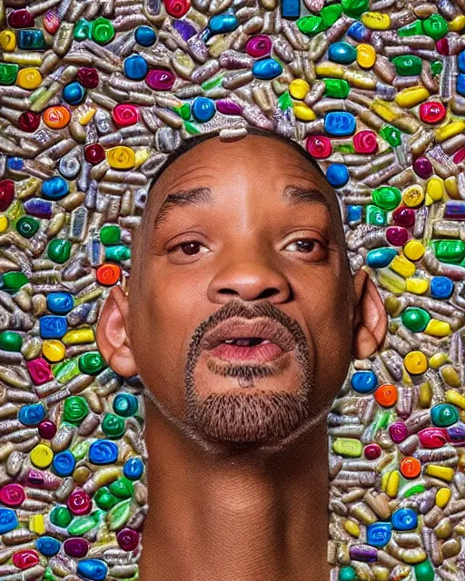 Image similar to will smith made out of pills, human face made out of pills, professional food photography, by giuseppe arcimboldo