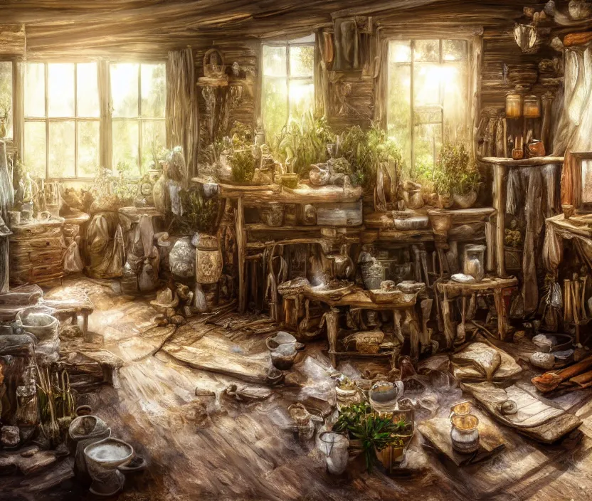 Image similar to expressive rustic oil painting, interior view of a cluttered herbalist cottage, waxy candles, wood furnishings, herbs hanging, light bloom, dust, ambient occlusion, morning, rays of light coming through windows, dim lighting, brush strokes oil painting