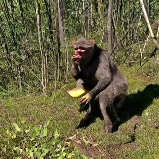 Prompt: your drunk uncle eating a banana, trailcam footage
