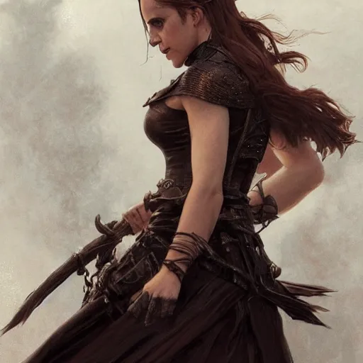 Image similar to emma watson as a witch, scarlett johanson as a rogue, leather armor, d & d, fantasy, intricate, elegant, highly detailed, digital painting, artstation, concept art, matte, sharp focus, illustration, art by greg rutkowski and alphonse mucha