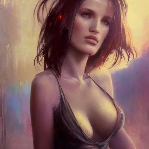 Image similar to bella thorne wearing nightgown, hyperrealistic full figure, bladerunner street alley, art of elysium by frank frazetta and by jeremy mann and by alphonse mucha, fantasy art, photo realistic, dynamic lighting, artstation, full figure poster, volumetric lighting, very detailed face, 4 k, award winning