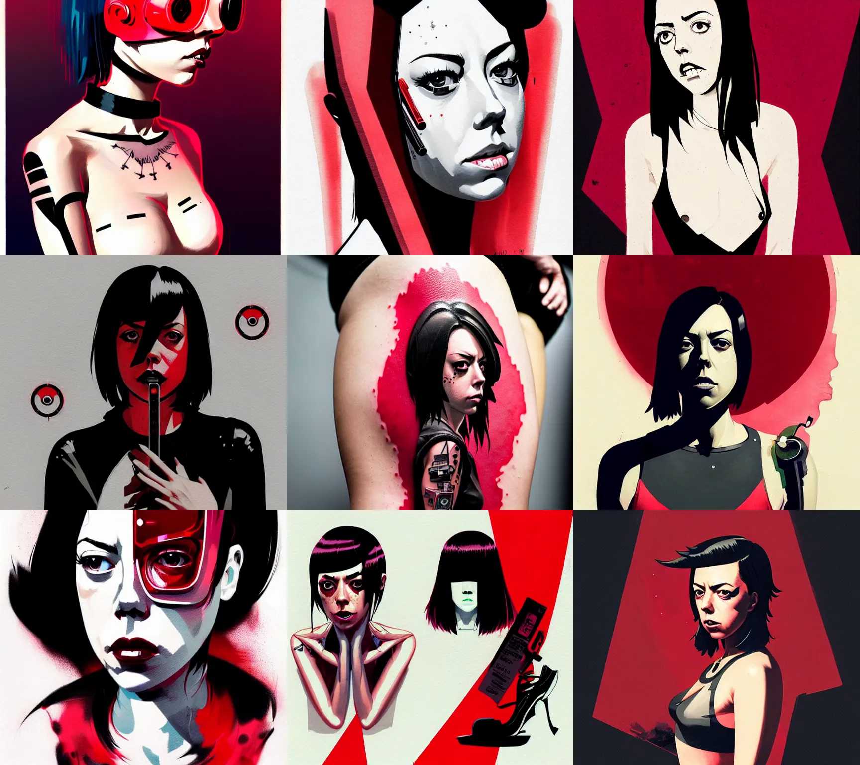 Prompt: aubrey plaza as a cyberpunk body modification tattoo artist, by atey ghailan, by greg rutkowski, by greg tocchini, by james gilleard, by joe fenton, by kaethe butcher, by ive freya, by ashley wood, dynamic lighting, gradient red, black, blonde cream and white color scheme, 5 0 s aesthetic