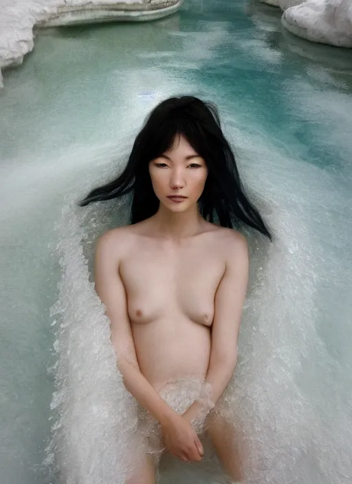 Image similar to Kodak Portra 400, 8K, soft light, volumetric lighting, highly detailed, Kasumi Arimura style 3/4 ,portrait photo of Japanese Goddess, the face emerges from Pamukkale, thermal waters flowing down white travertine terraces, inspired by Ophelia paint , a beautiful luxurious celestial suit and hair are intricate with highly detailed realistic beautiful flowers , Realistic, Refined, Highly Detailed, ethereal outdoor pastel lighting colors scheme, outdoor fine art photography, Hyper realistic, photo realistic