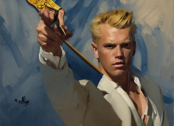 Image similar to greg manchess portrait painting of a blond man in a blue suit with a sword and a pistol, asymmetrical, profile picture, organic painting, sunny day, matte painting, bold shapes, hard edges, street art, trending on artstation, by huang guangjian, gil elvgren, ruan jia, randy vargas, greg rutkowski