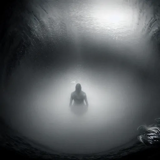 sea monster, wide angle, pov underwater, pale skin, dark, foggy  