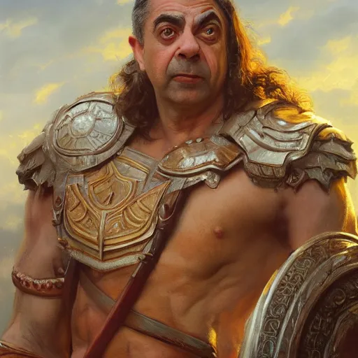 Image similar to portrait of Rowan Atkinson as a barbarian, detailed, centered, digital painting, artstation, concept art, donato giancola, Joseph Christian Leyendecker, WLOP, Boris Vallejo, Breathtaking, 8k resolution, extremely detailed, beautiful, establishing shot, artistic, hyperrealistic, octane render