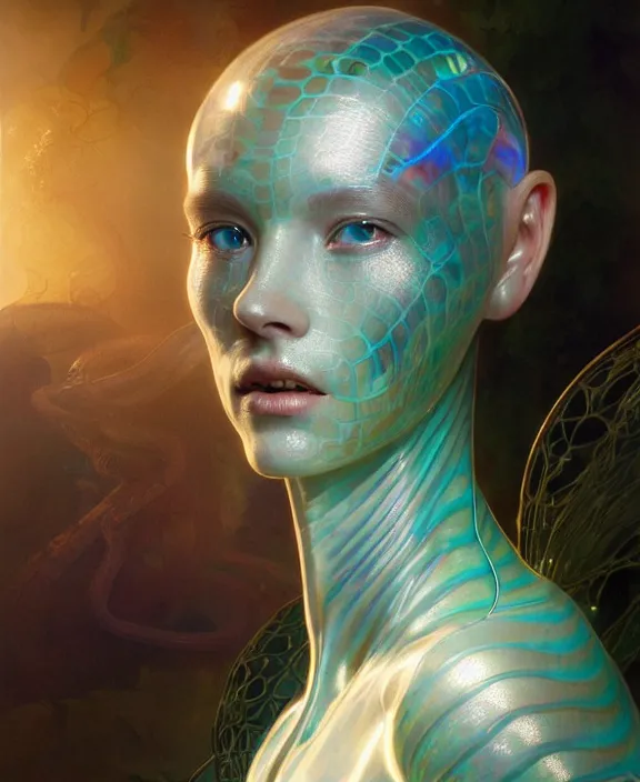 Image similar to intricate opalescent transparent portrait of a disturbing beautiful alien snake creature, mottling coloring, adorable, childlike, medical equipment hospital environment, ultra realistic, concept art, art nouveau, photorealistic, octane render, 8 k, unreal engine. art by christopher marley and artgerm and greg rutkowski and alphonse mucha