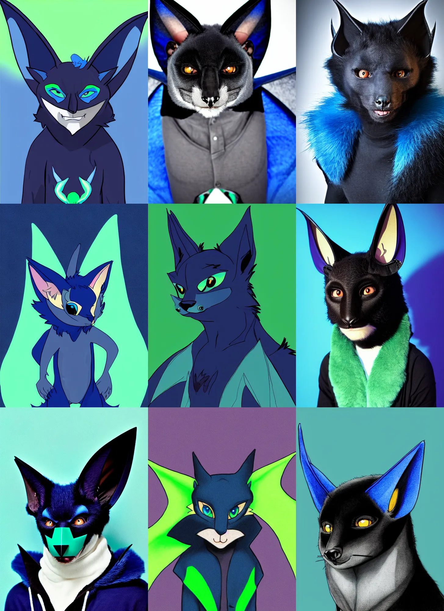 Prompt: a blue - and - black male catbat fursona ( from the furry fandom ) with blue - green heterochroma and huge bat ears, photo portrait
