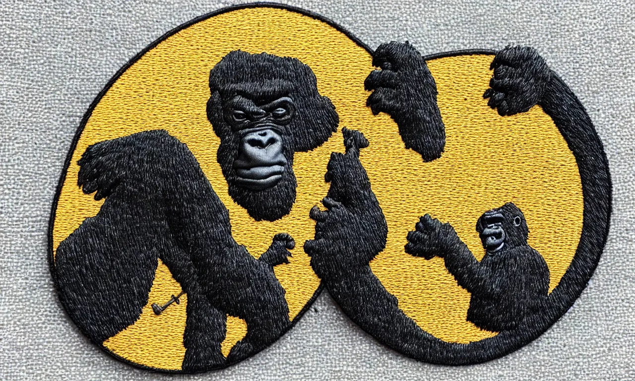 Prompt: a gorilla climbing a communications tower. breaking lighting bolts. round, circular embroidered us radar corps patch 8 k /