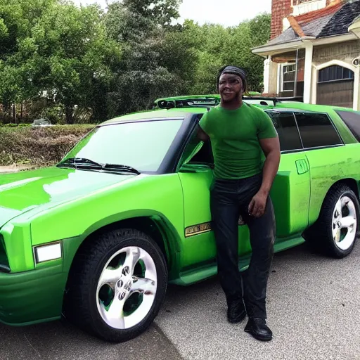 Prompt: boy pulled up in the hulk machine 😂