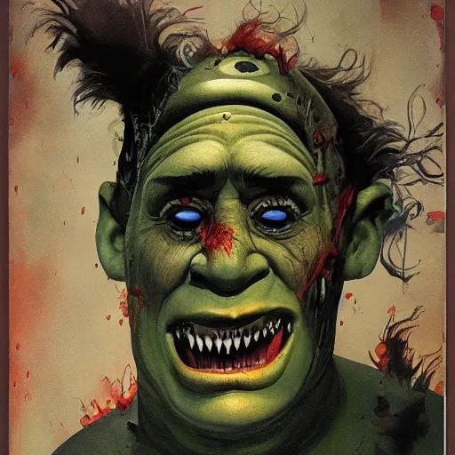 Prompt: monster makeup mask grinning one-eyed grimpunk vile reprobate portrait portrait Cyclops Cyclops Polyphemus shrek with tombow norman rockwell greg rutkowski frank frazetta alexandre briclot Dave Dorman splatterpaint