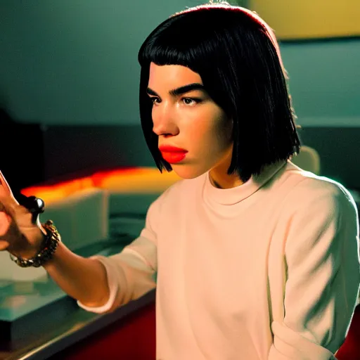 Prompt: Live Action Still of Dua Lipa in Pulp Fiction, real life, hyperrealistic, ultra realistic, realistic, highly detailed, epic, HD quality, 8k resolution, film still