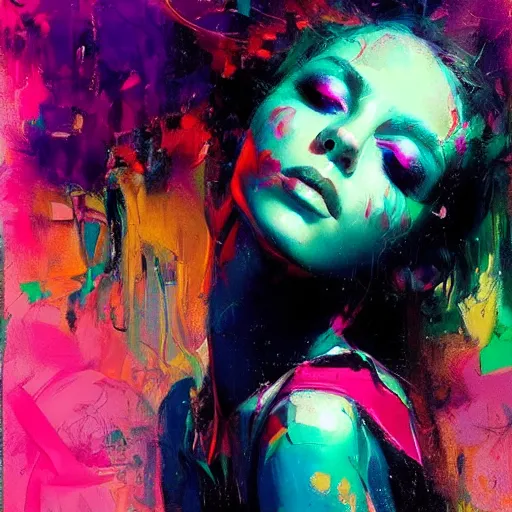 Prompt: portrait of beautiful girl sensual dancing, ecstatic, wonderfull techno party, bright vibrant colors, utopia, by by greg rutkowski, by jeremy mann, by francoise nielly