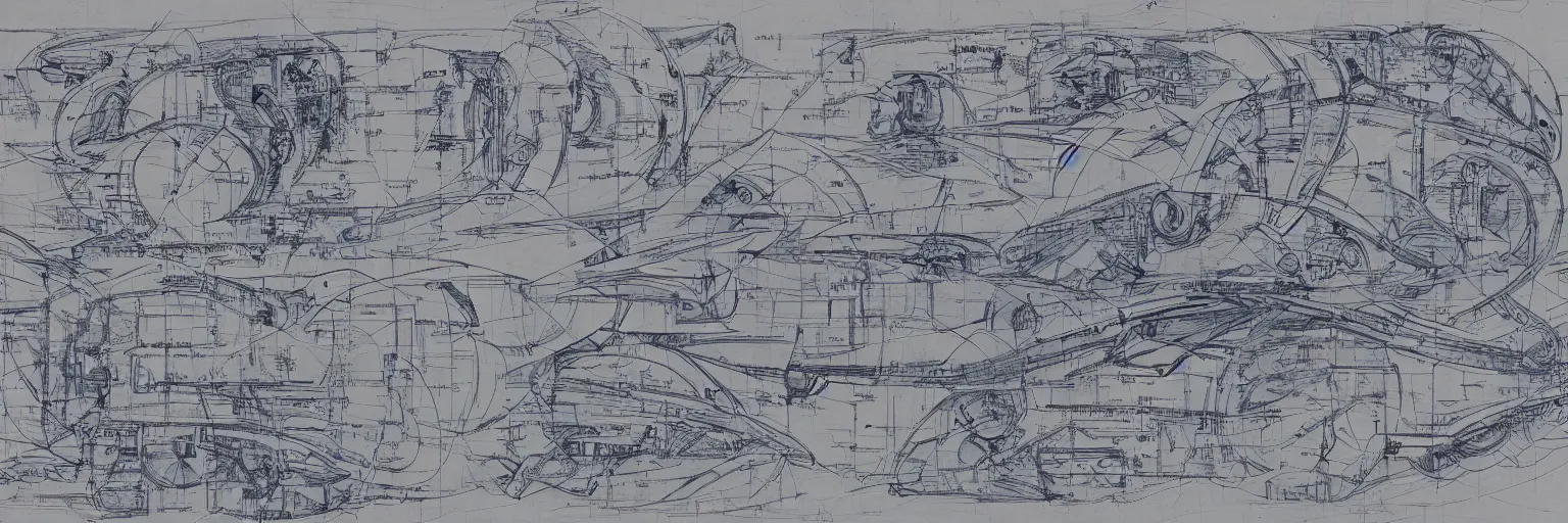 Image similar to blueprint for a sentient starship, technical drawing with annotations and notes in the margins, algorithms and physics equations, concept design by peter mohrbacher and craig mullins and hiroshi yoshida and james jean and frank frazetta and michael whelan and andreas rocha