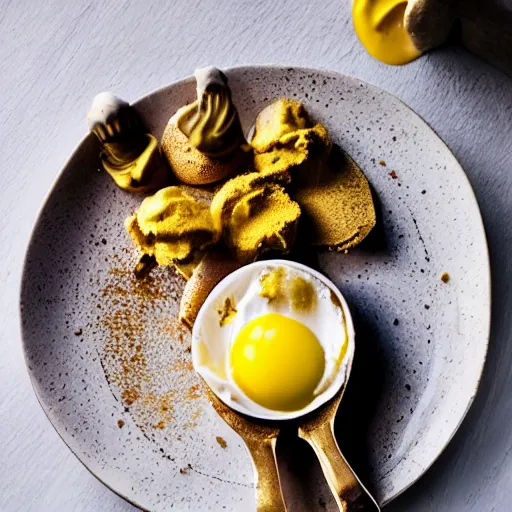 Image similar to ice cream with eggs and mustard on it, food photography, highly detailed